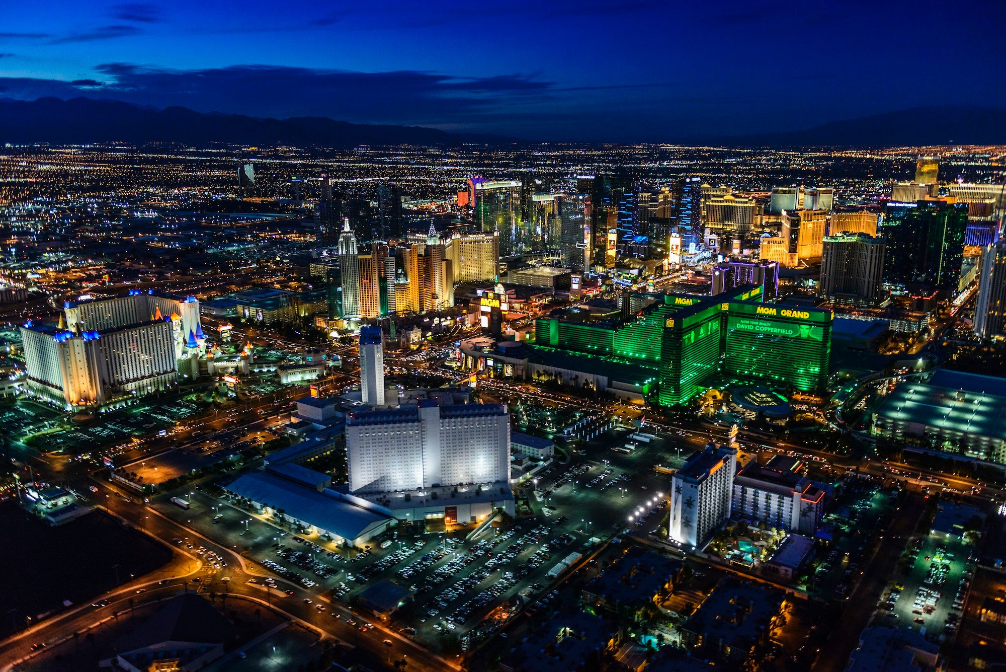 54955,Aerial view of Las Vegas cityscape lit up at night, Las Vegas, Nevada, United States