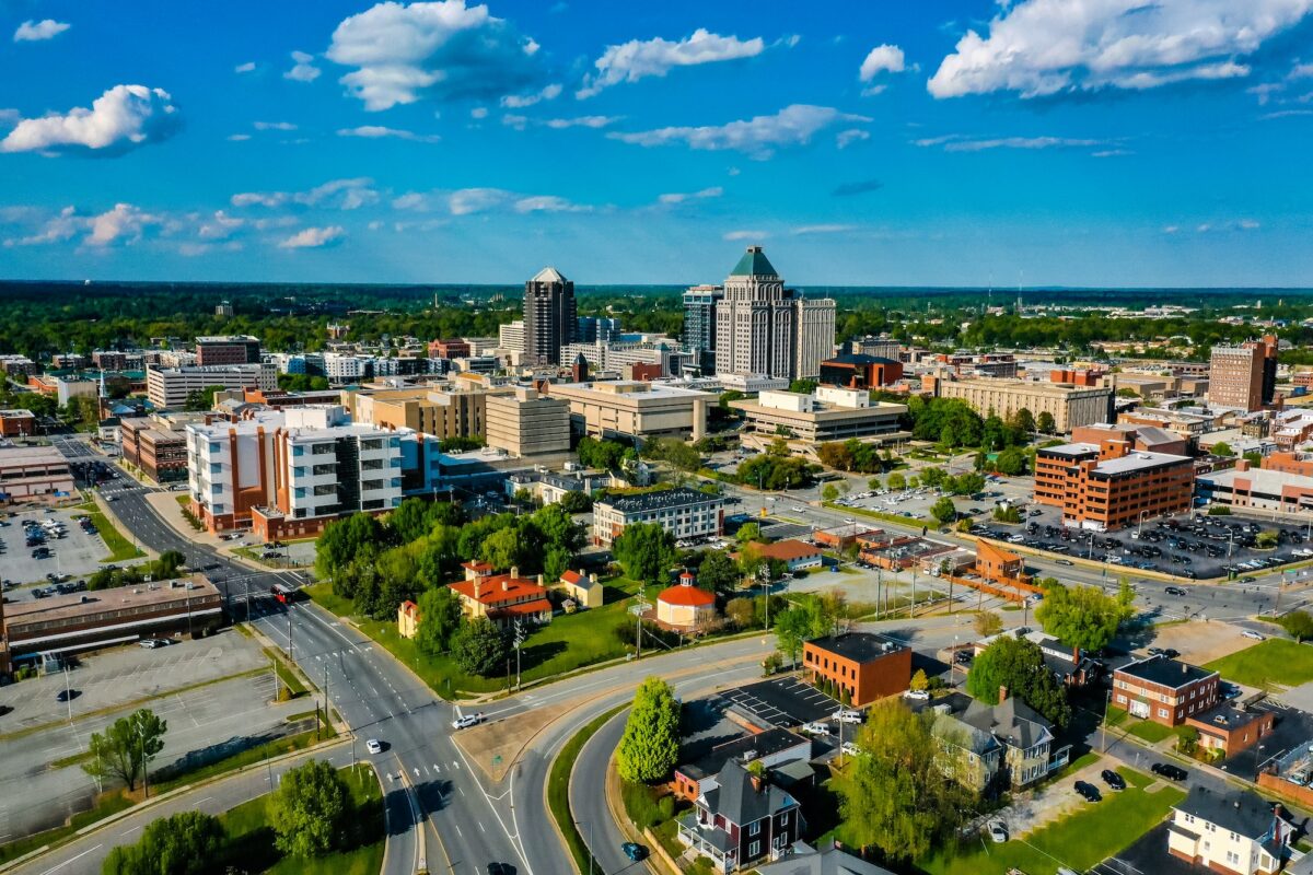 Aerial shot of the city of Greensboro, in North Carolina during daylight