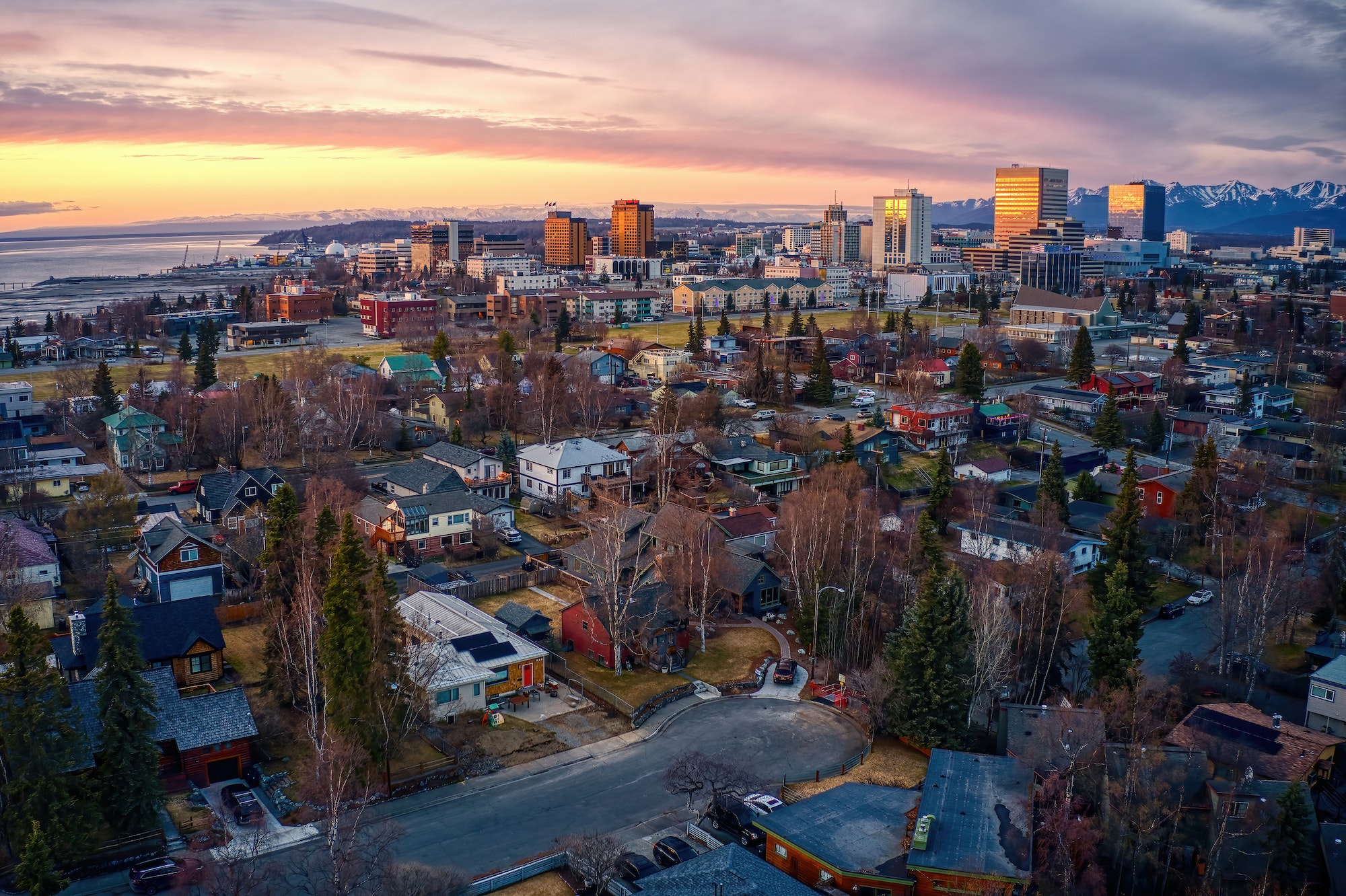 Aerial View of a Sunset over Downtown Anchorage, Alaska in Spring