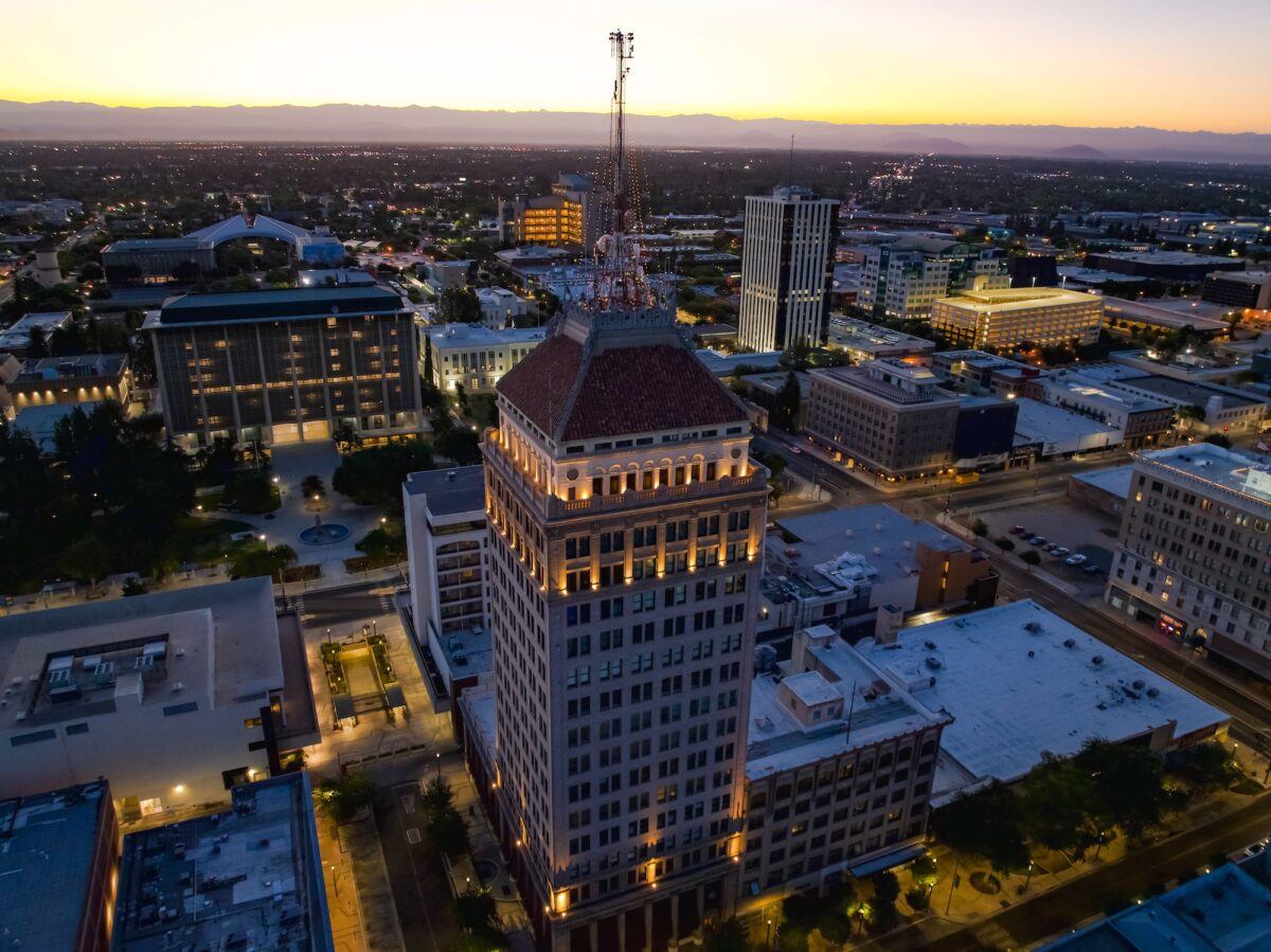 Aerial view of Fresno city illuminated at sunset