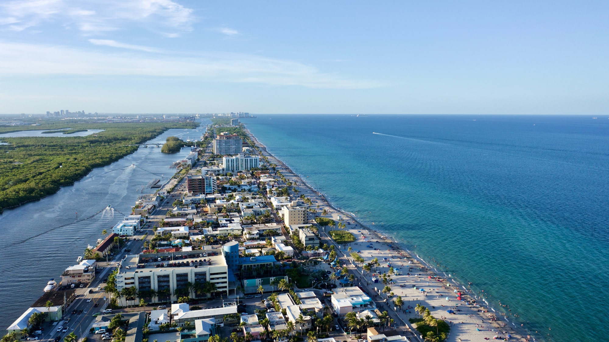 Aerial view of Hollywood Beach on the coast of the sea on a sunny day in Florida