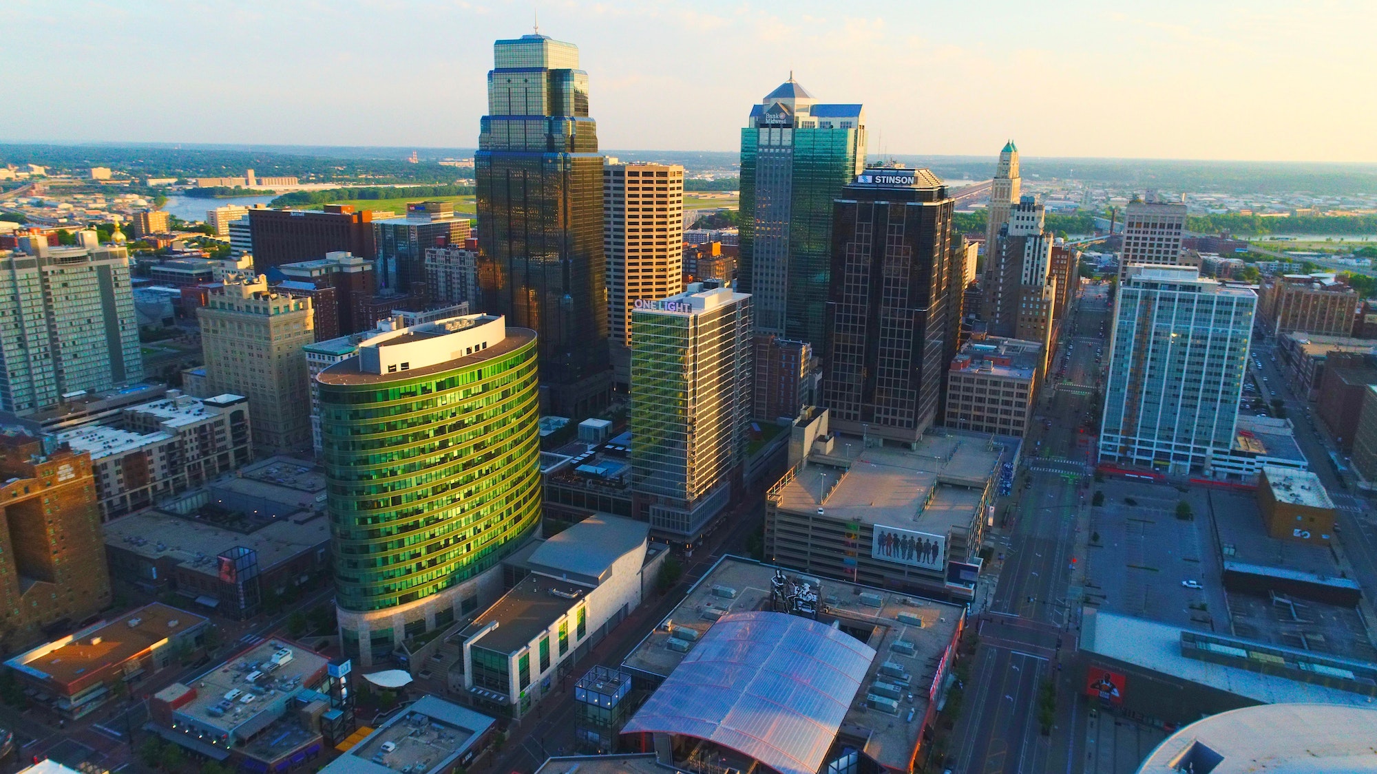 Aerial view of Kansas City at warm sunrise in Missouri