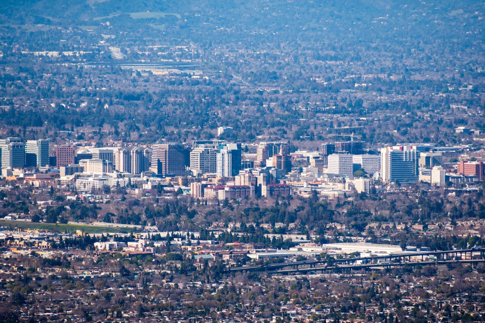Aerial view of the buildings in downtown San Jose on a clear day; Silicon Valley, California