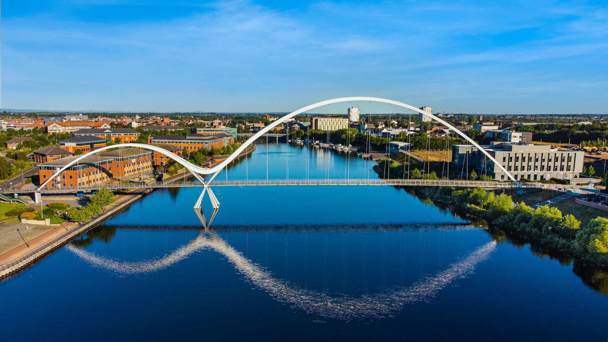 Aerial view of the Infinity Bridge spanning the river Tees in Stockton, California