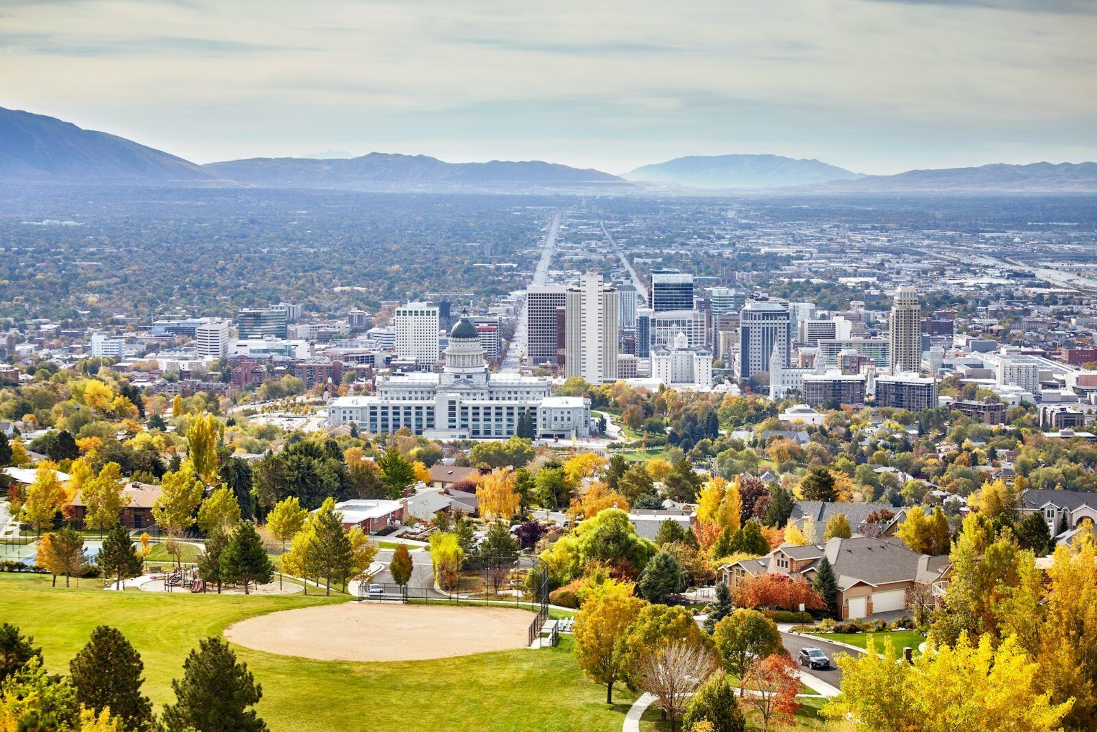 Aerial view of the Salt Lake City downtown in autumn.