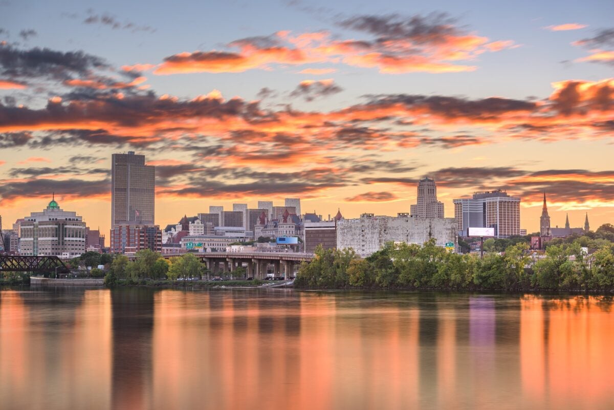 Albany, New York, USA skyline on the Hudson River