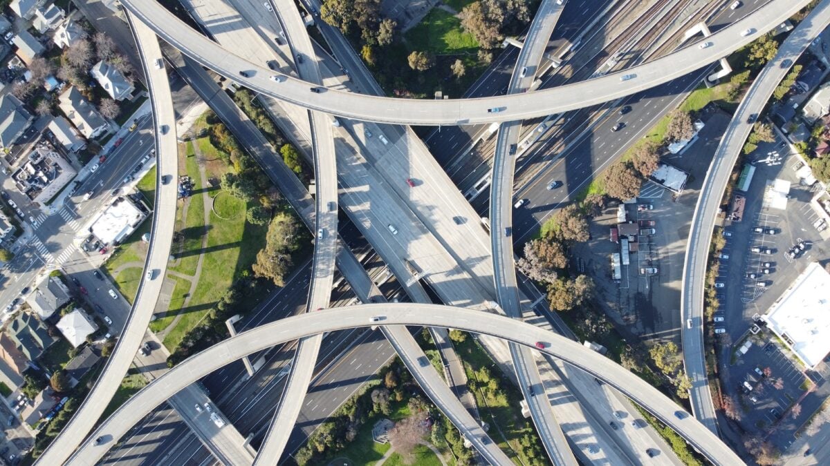 Beautiful aerial shot of the MacArthur Maze, Oakland CA, USA