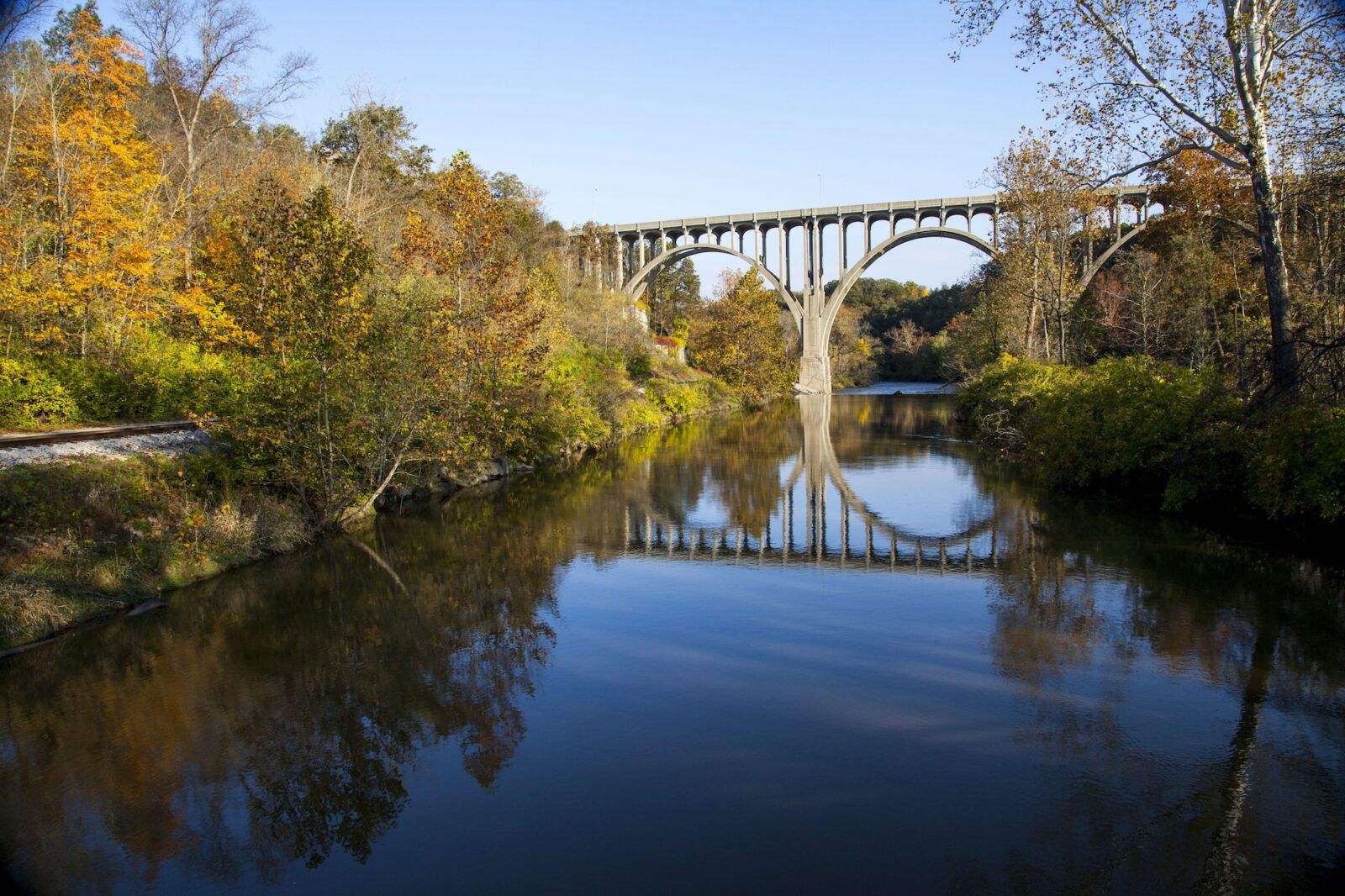 Beautiful shot of a bridge reflecting in the Cuyahoga River in Ohio on a beautiful autumn day