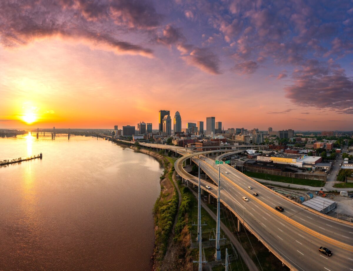 Beautiful view of Louisville City in Kentucky from drone at sunrise