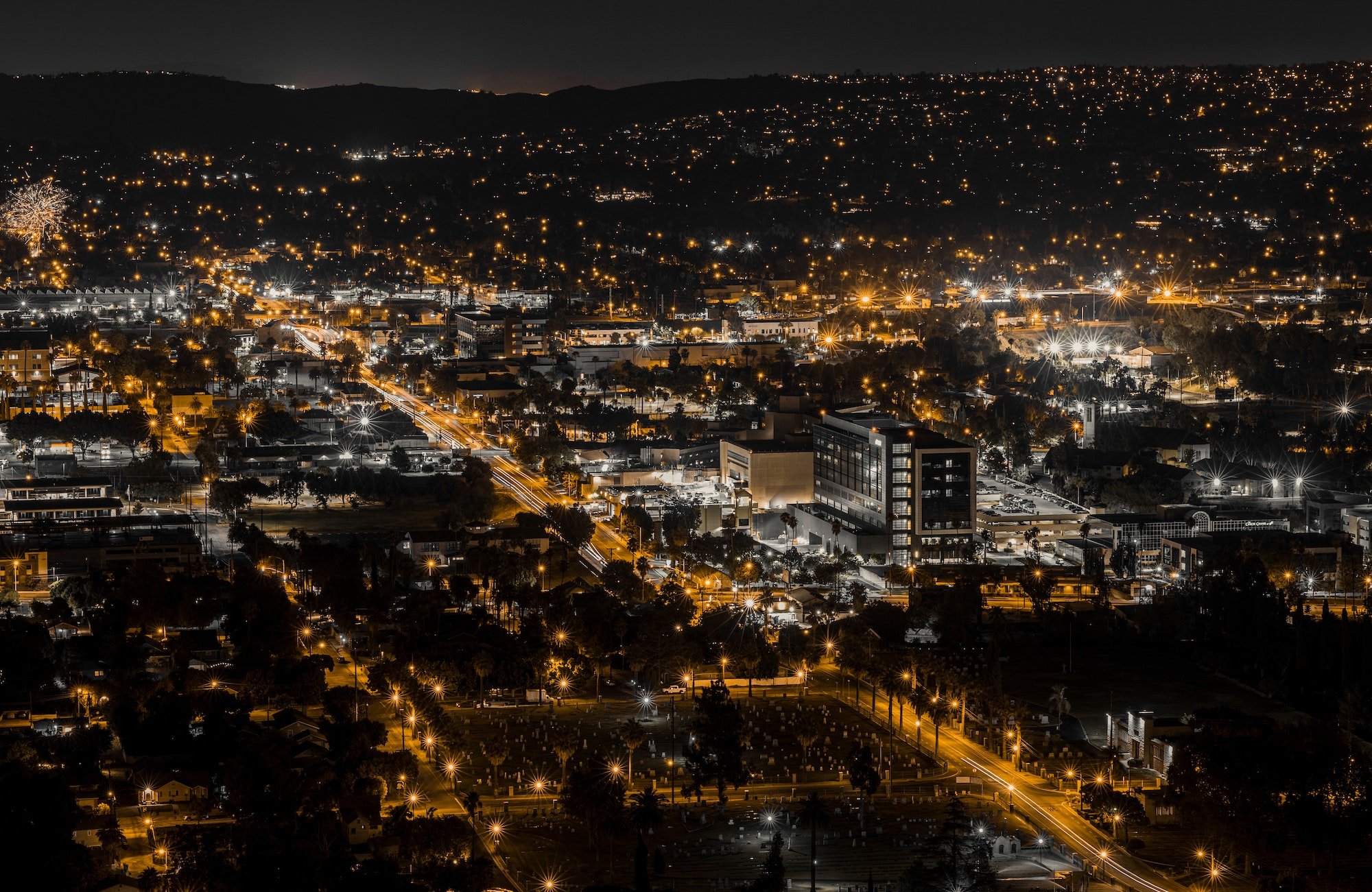 Beautiful view of Rubidoux cityscape at night in Riverside County, California