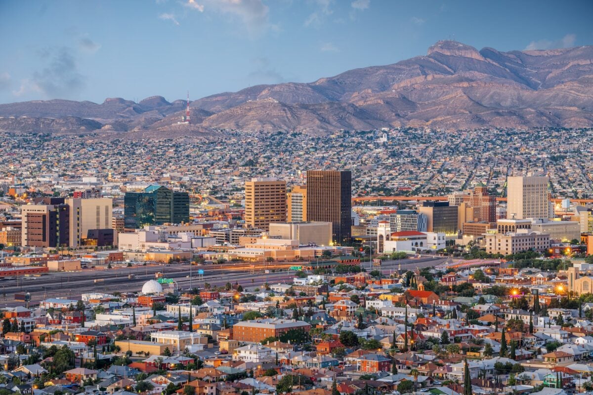 El Paso, Texas, USA downtown city skyline at dusk with Juarez, Mexico