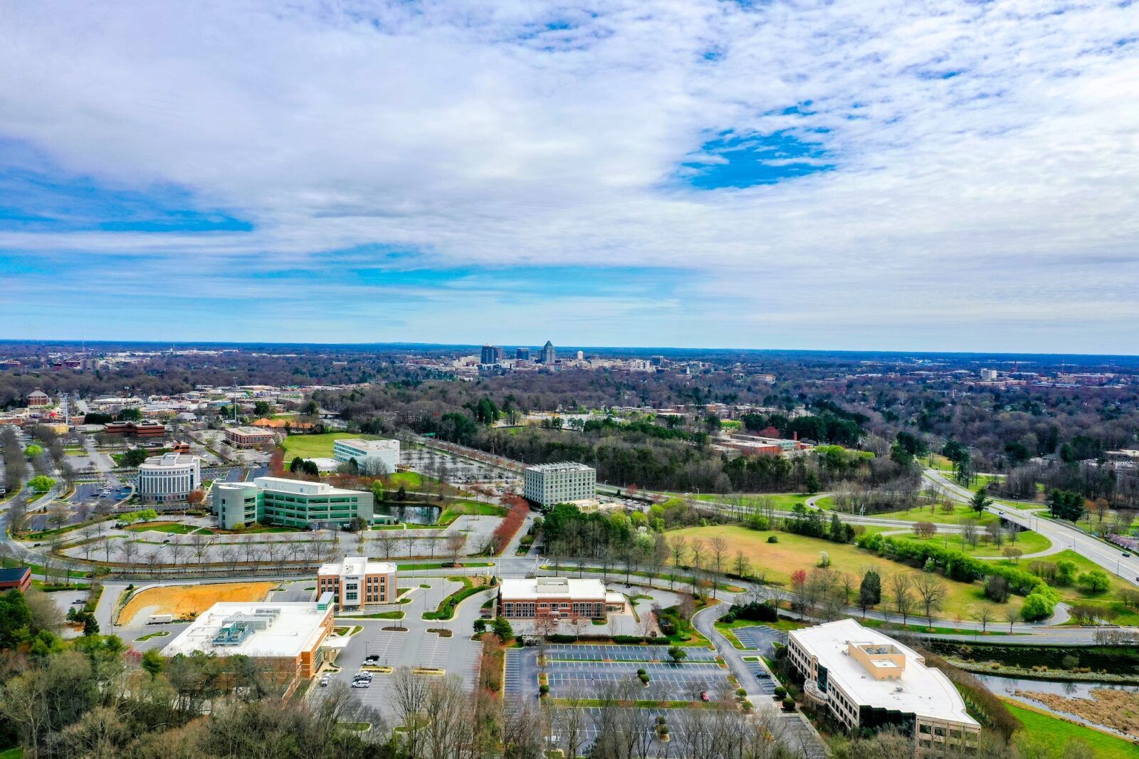 High angle shot of Greensboro North Carolina skyline on a sunny day