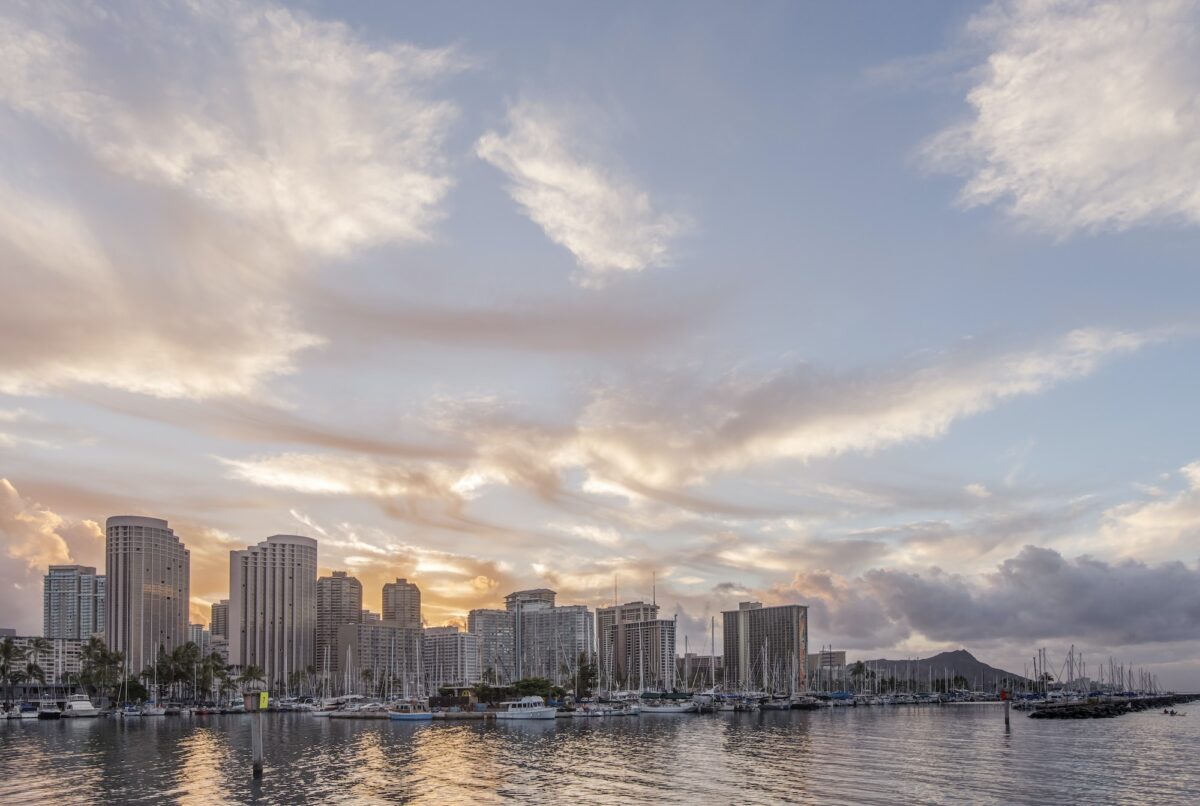 Honolulu city skyline over ocean, Hawaii, United States