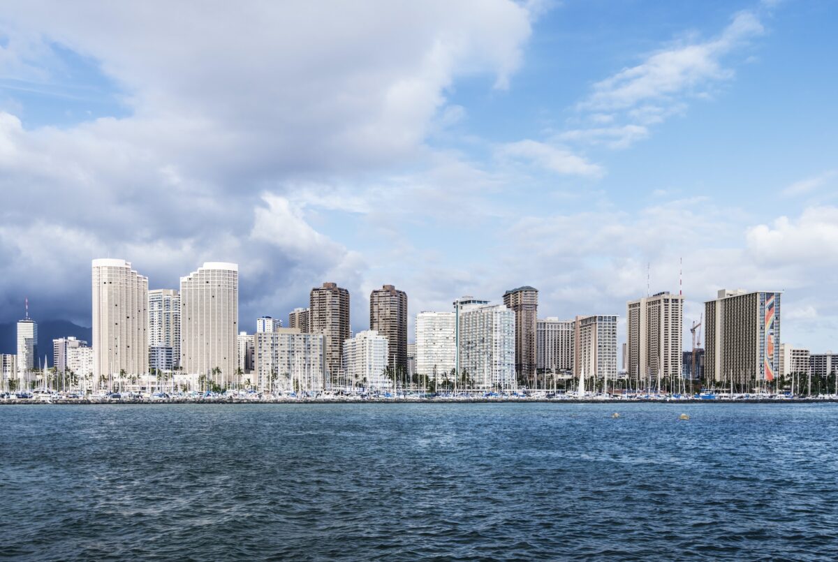 Honolulu city skyline over ocean, Hawaii, United States