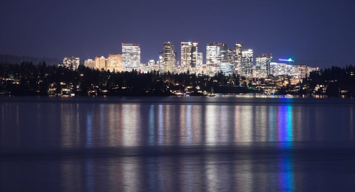 Light Reflection Water Bellevue Washington Downtown City Skyline