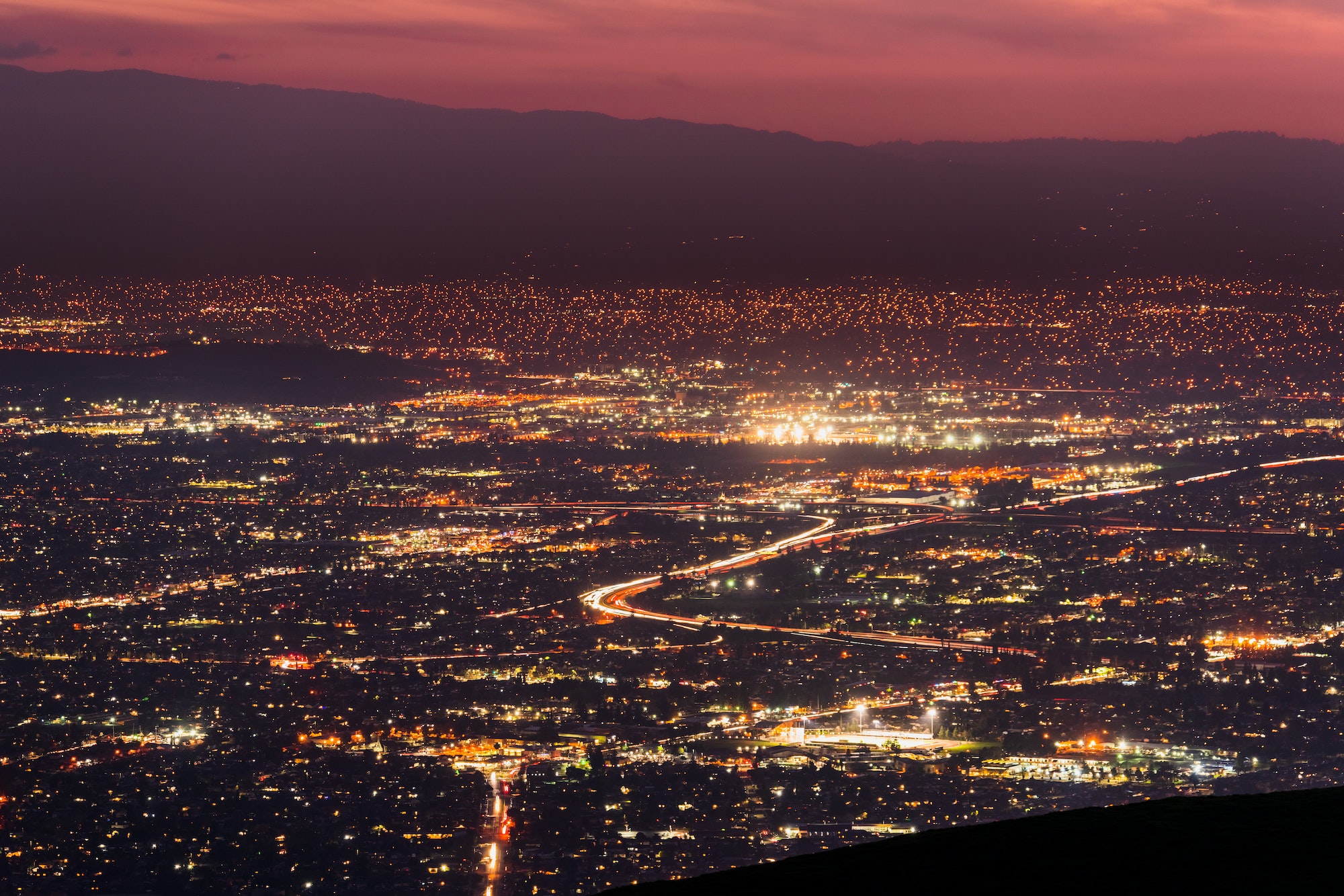 Night view of urban sprawl in San Jose