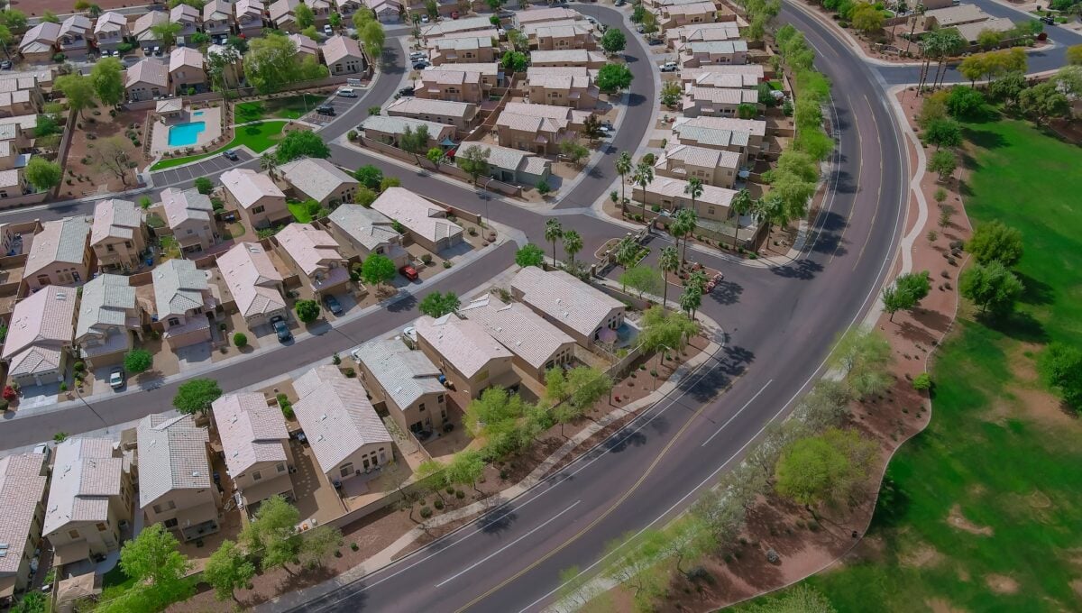 Panoramic view of a neighborhood in roofs of houses of residential area a Avondale near Phoenix Ariz