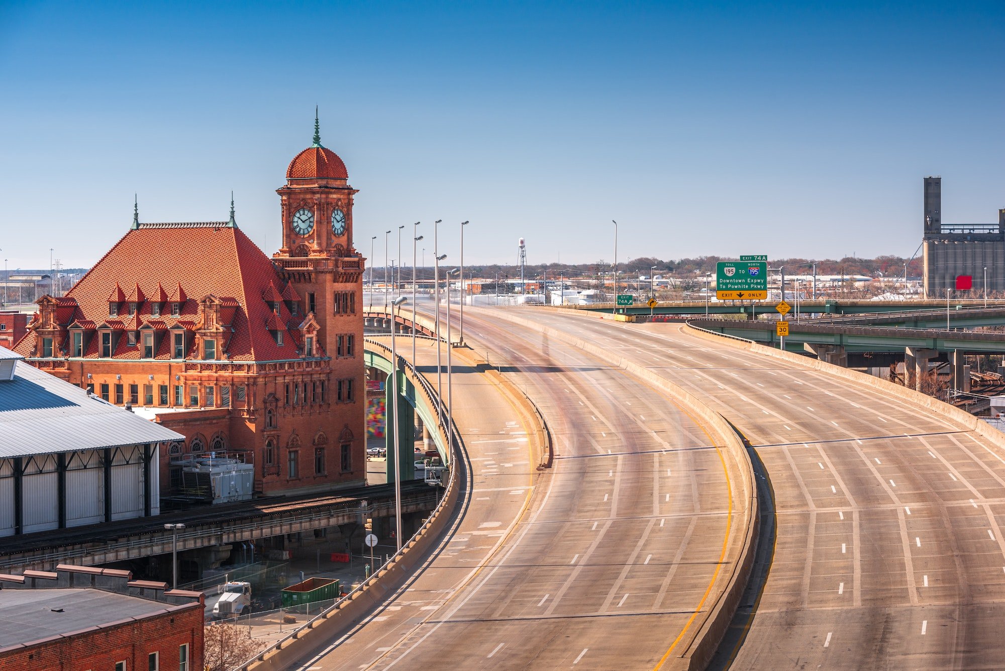 Richmond, Virginia, USA at historic Main Street Station and Interstate 95