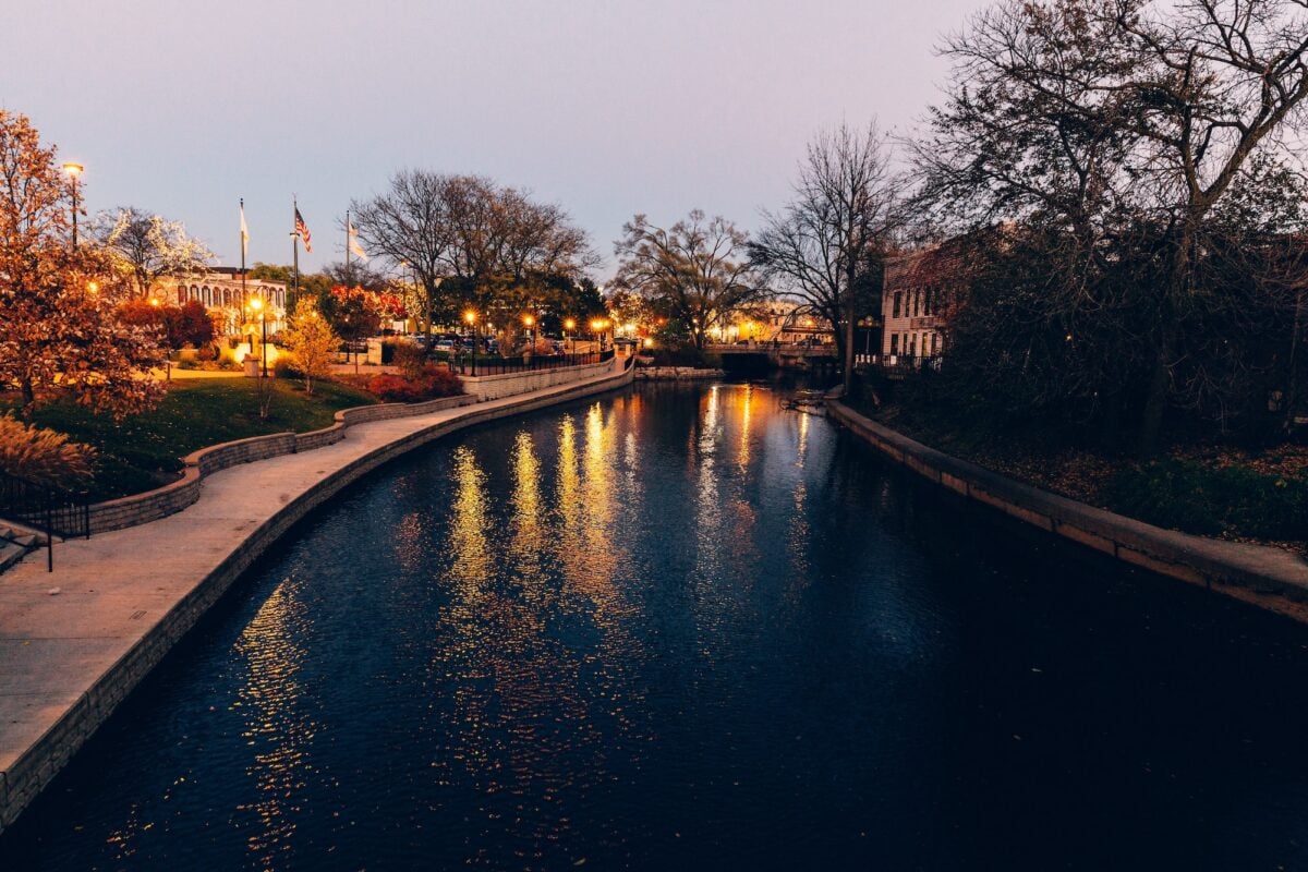 River at sunset with beautiful sidewalks.