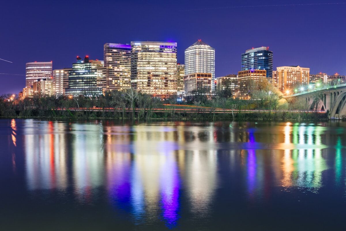 Rosslyn, Arlington, Virginia, USA skyline on the Potomac River.