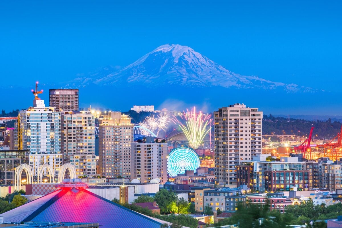 Seattle, Washington, USA downtown skyline with Mt. Rainier