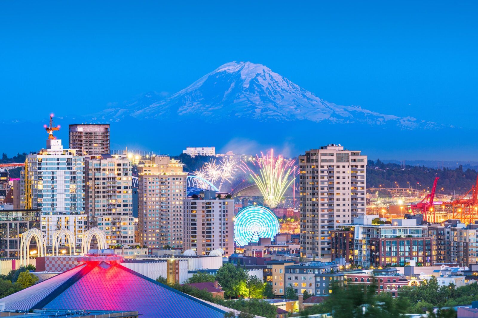Seattle, Washington, USA downtown skyline with Mt. Rainier