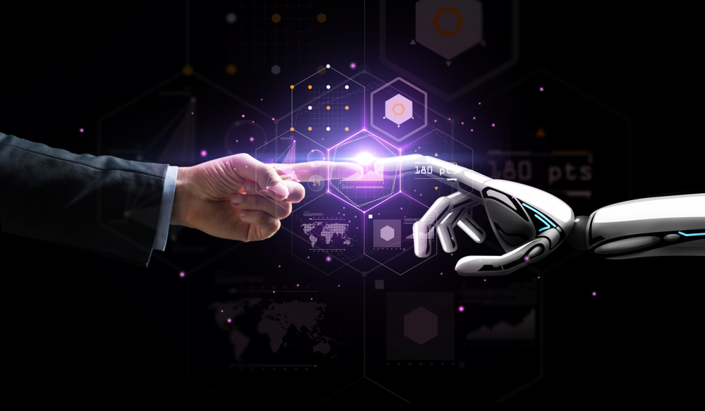 Artificial intelligence, future technology and business concept - robot and human hand with flash light and virtual screen projection over black background