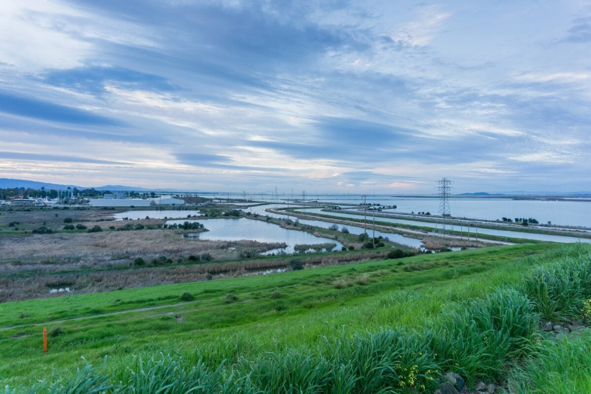 Sunset views of the ponds an levees of south San Francisco bay area, Sunnyvale, California