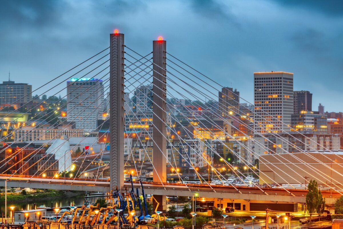 Tacoma, Washington, USA cityscape with East 21st Street Bridge