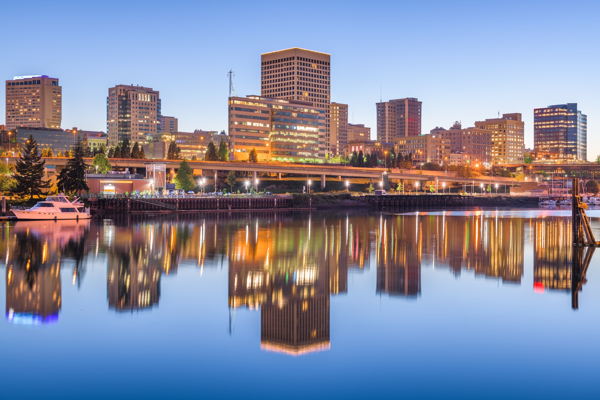 Tacoma, Washington, USA downtown skyline at dusk