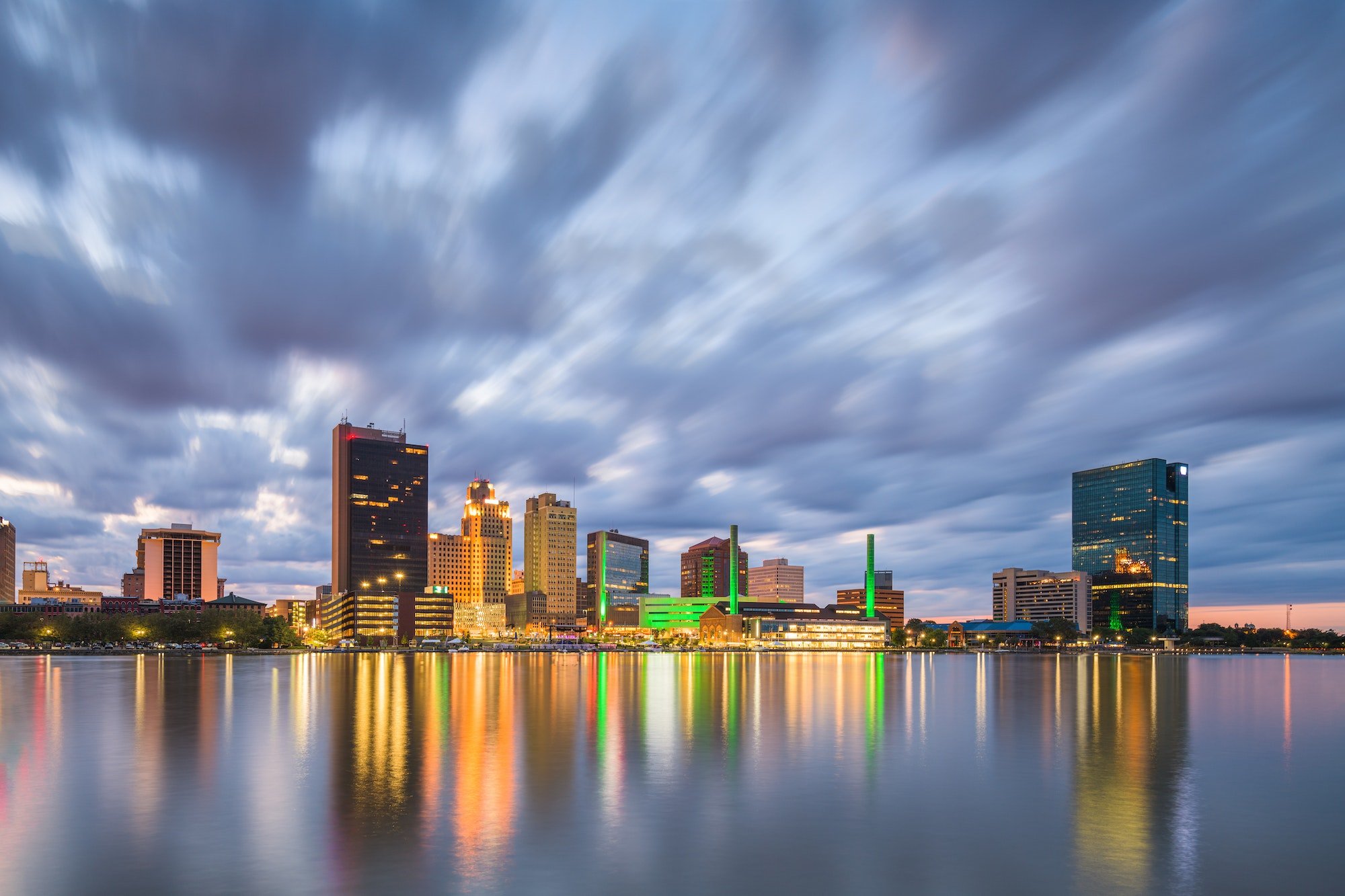 Toledo, Ohio, USA downtown skyline on the Maumee River