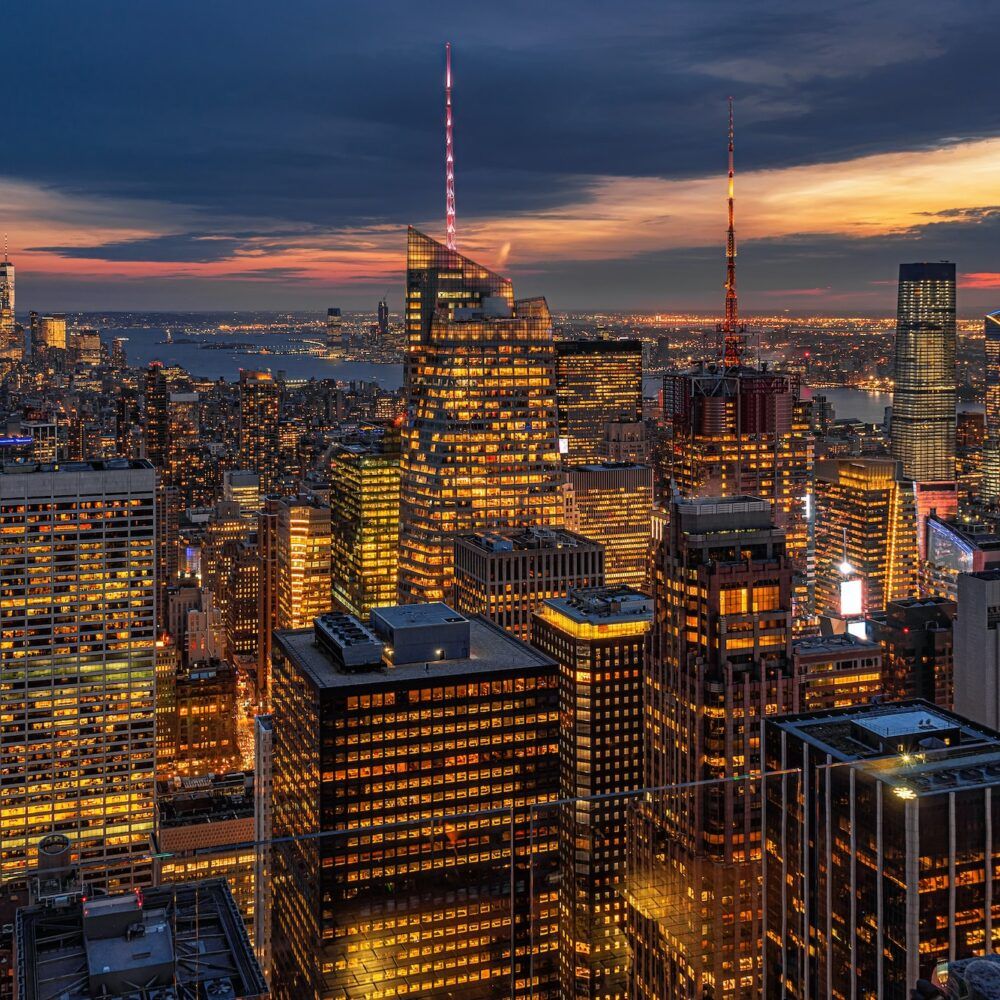Top Scene of New York City cityscape in lower manhattan at the twilight time, USA downtown skyline