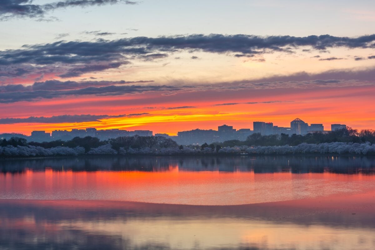 View of Rosslyn, Arlington, Virginia, USA from the tidal basin in Washington DC at Dusk