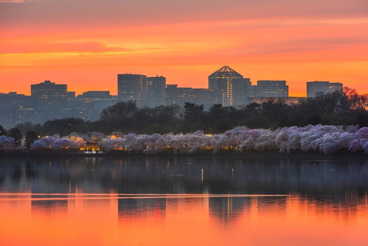 View of Rosslyn, Arlington, Virginia, USA from the tidal basin in Washington DC at Dusk