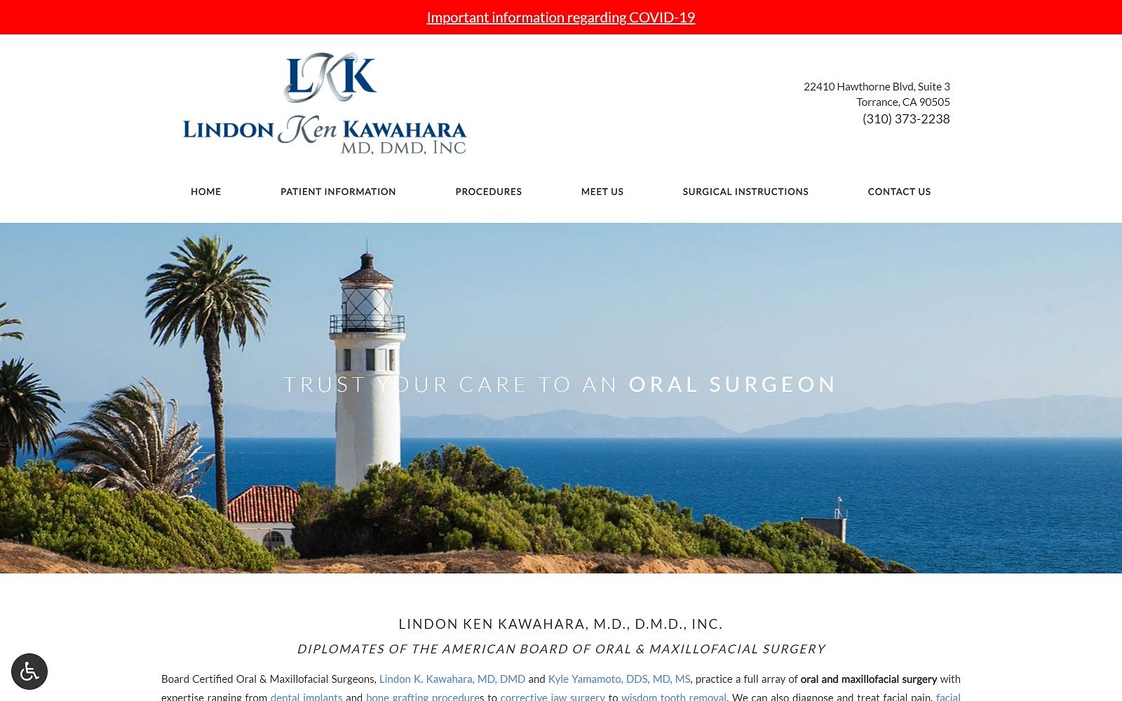The screenshot of lindon k. Kawahara, md, dmd, inc. Kawaharaoralsurgery. Com website