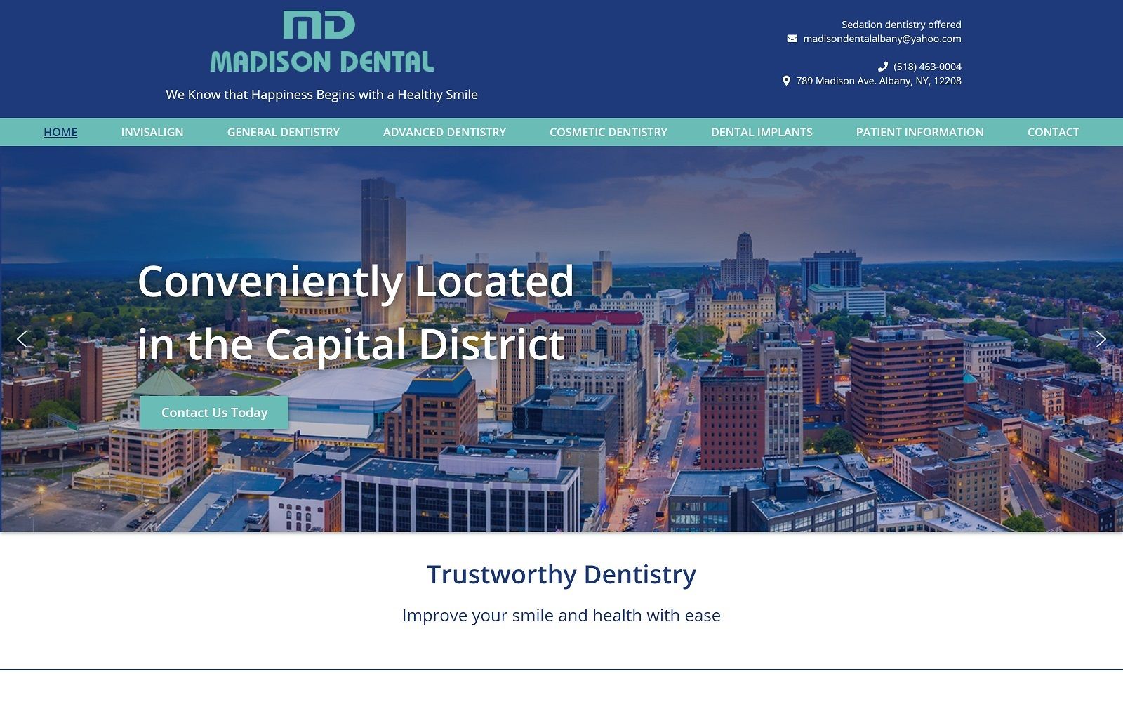 The screenshot of madison dental madisondentalalbany. Com website