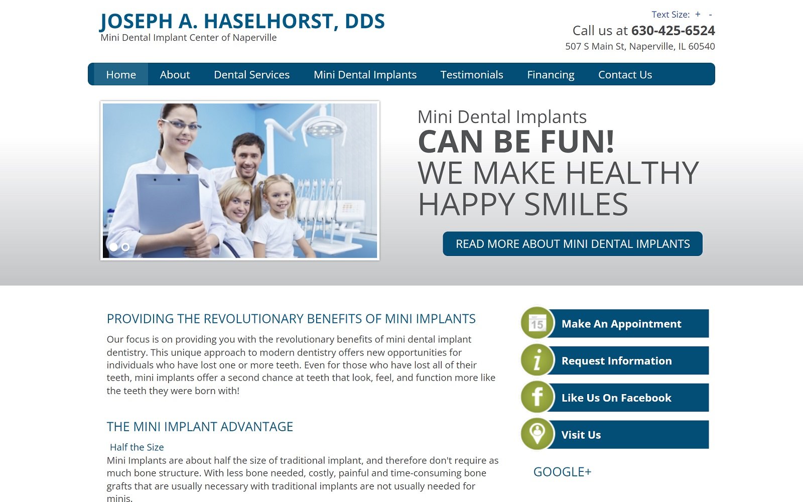 The screenshot of mini dental implant center of naperville napervilleminis. Com dr. Joseph haselhorst website