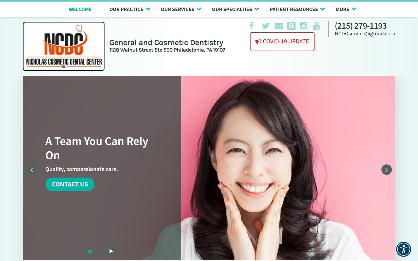 The screenshot of nicholas cosmetic dental center nicholascosmeticdentalcenter. Com dr. Shireen malik website