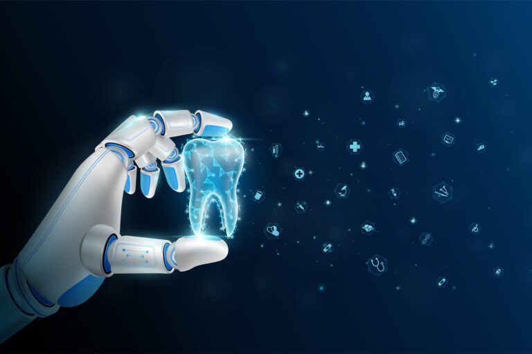 Blue photo of robot holding tooth