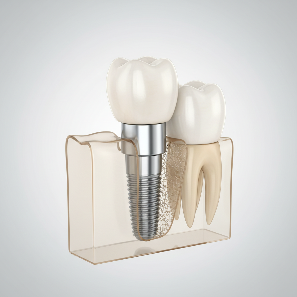 3D rendering of a dental implant integrated with jawbone showing titanium post abutment and ceramic crown