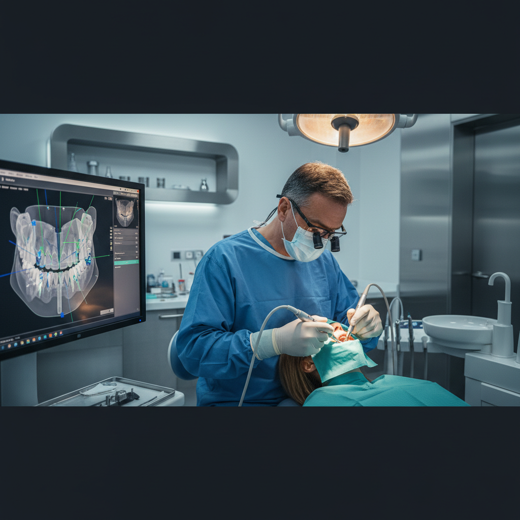 Implant surgeon performing dental implant placement with computer-guided surgical navigation