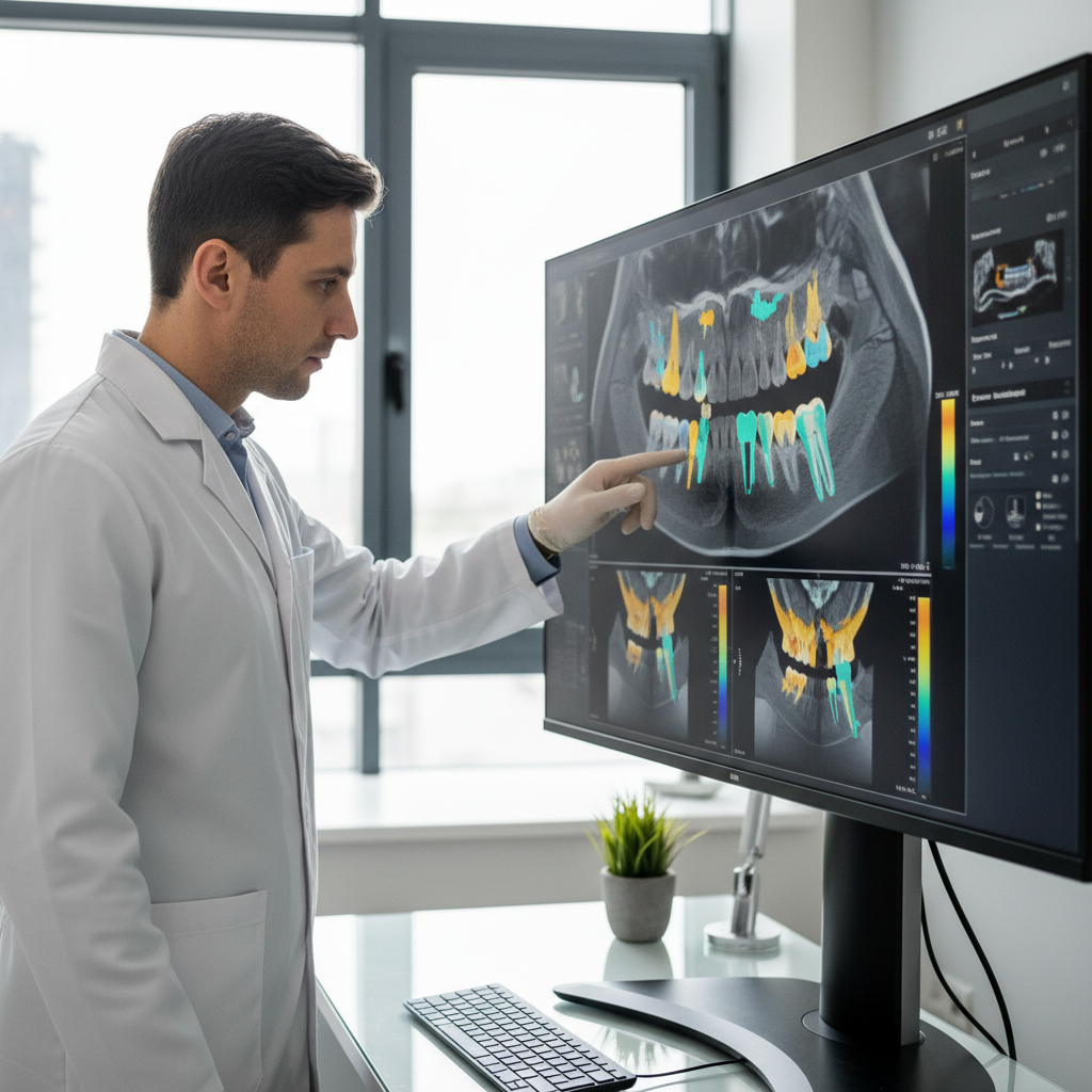 3D CBCT imaging of dental implant treatment planning displayed on modern monitor