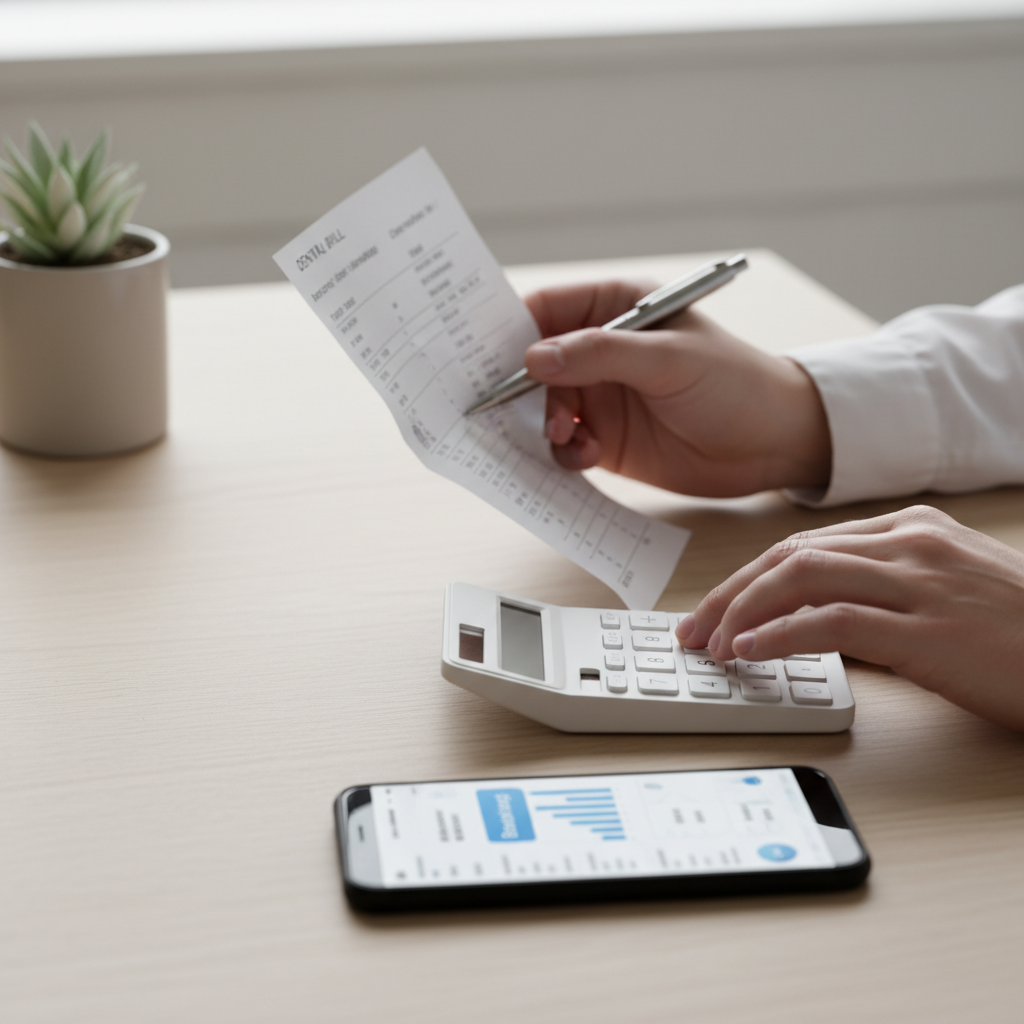 Person reviewing dental insurance benefits and bills