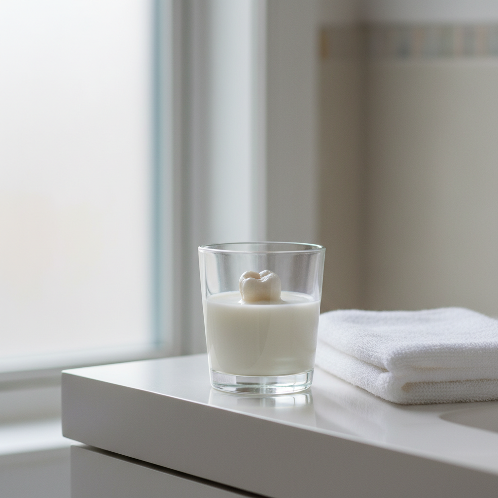 Person holding a knocked-out tooth in milk for transport to dentist