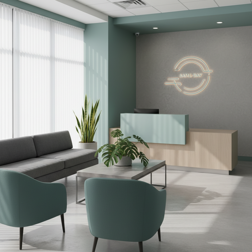 Modern emergency dental practice reception with same-day availability