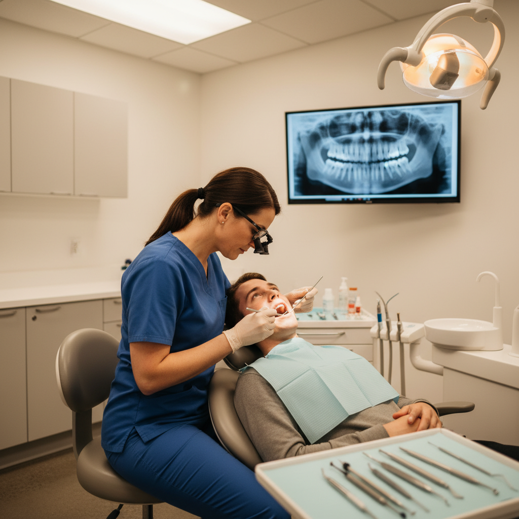 Emergency dentist treating patient with severe tooth pain