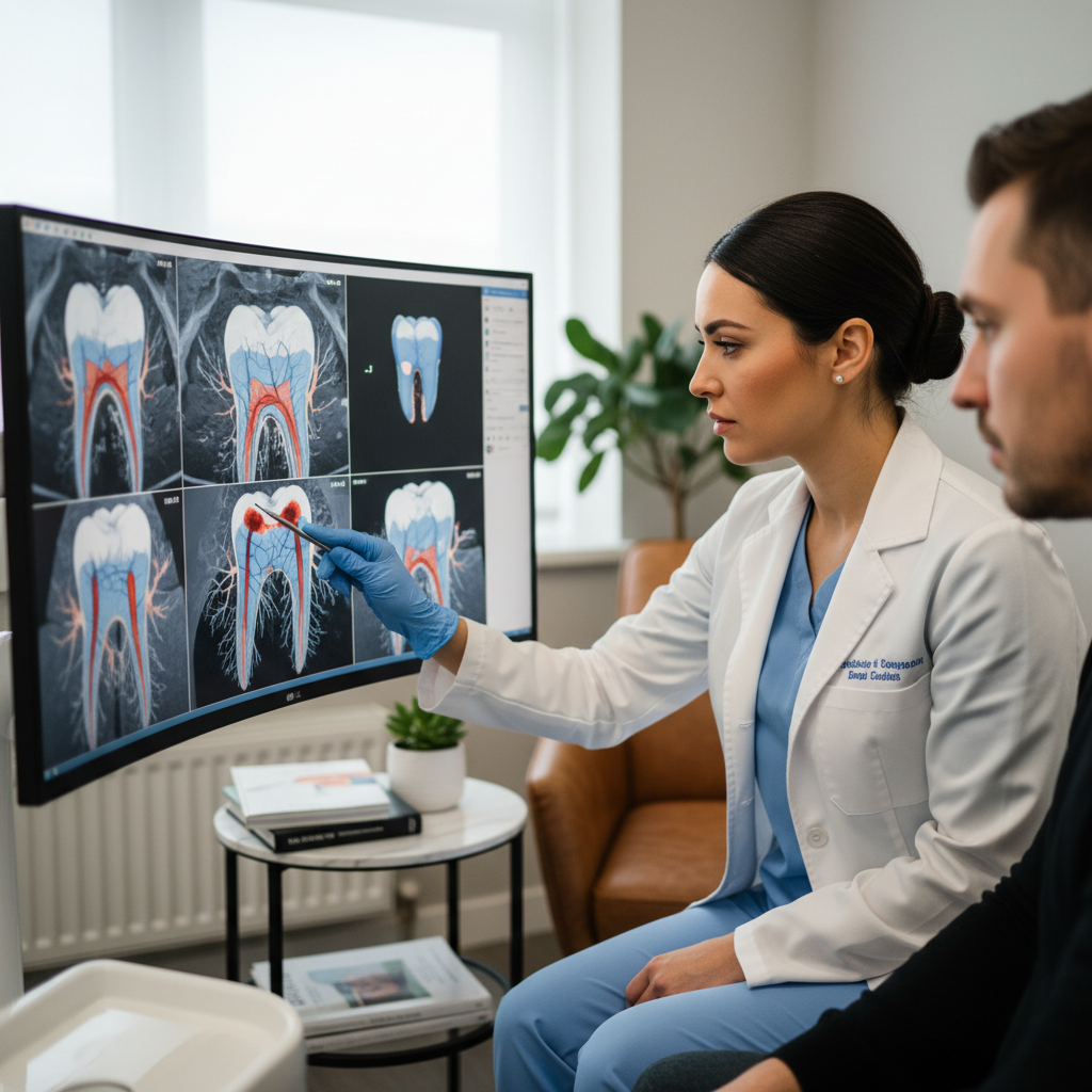 Endodontist reviewing 3D cone beam CT scan of tooth root canal system on monitor