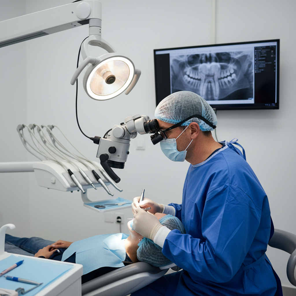 Endodontist performing root canal therapy using a surgical microscope