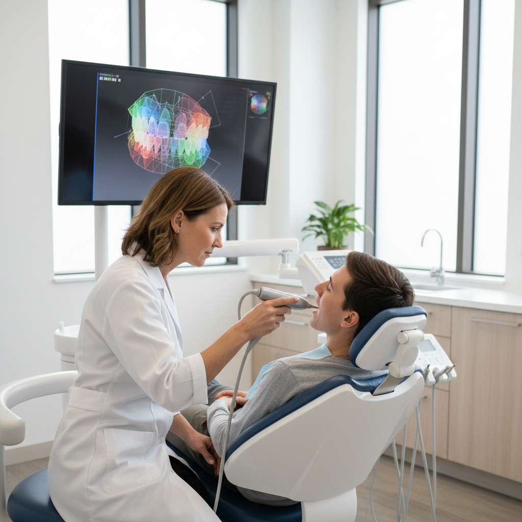 Orthodontist using intraoral scanner on patient to create digital model for treatment planning