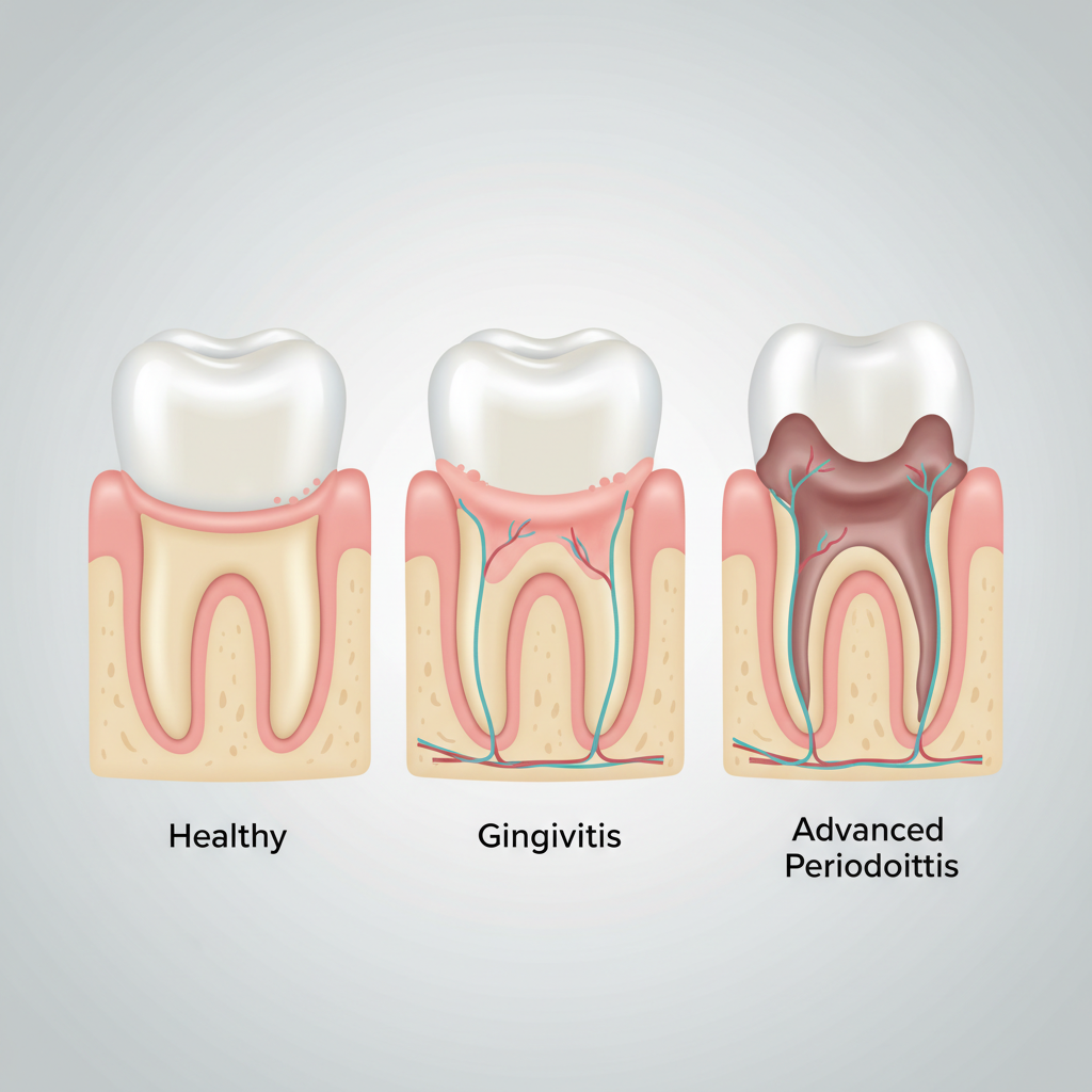 Illustration showing stages of gum disease from gingivitis to periodontitis